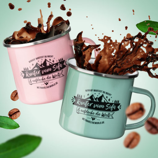 "Weltentdecker Duo" Emaille Tasse 2er-Set im Retro-Look | Runter vom Sofa und entdecke die Welt!